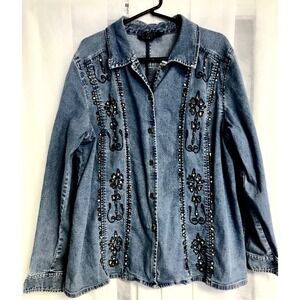 Susan Graver Style Denim Jacket 1X Blue Embroidered Stone Embellished Button Up